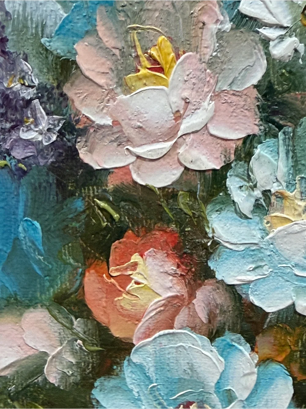 Vintage T Kelly Original Oil Painting Bouquet Wall Art - Blue Orange and Cream